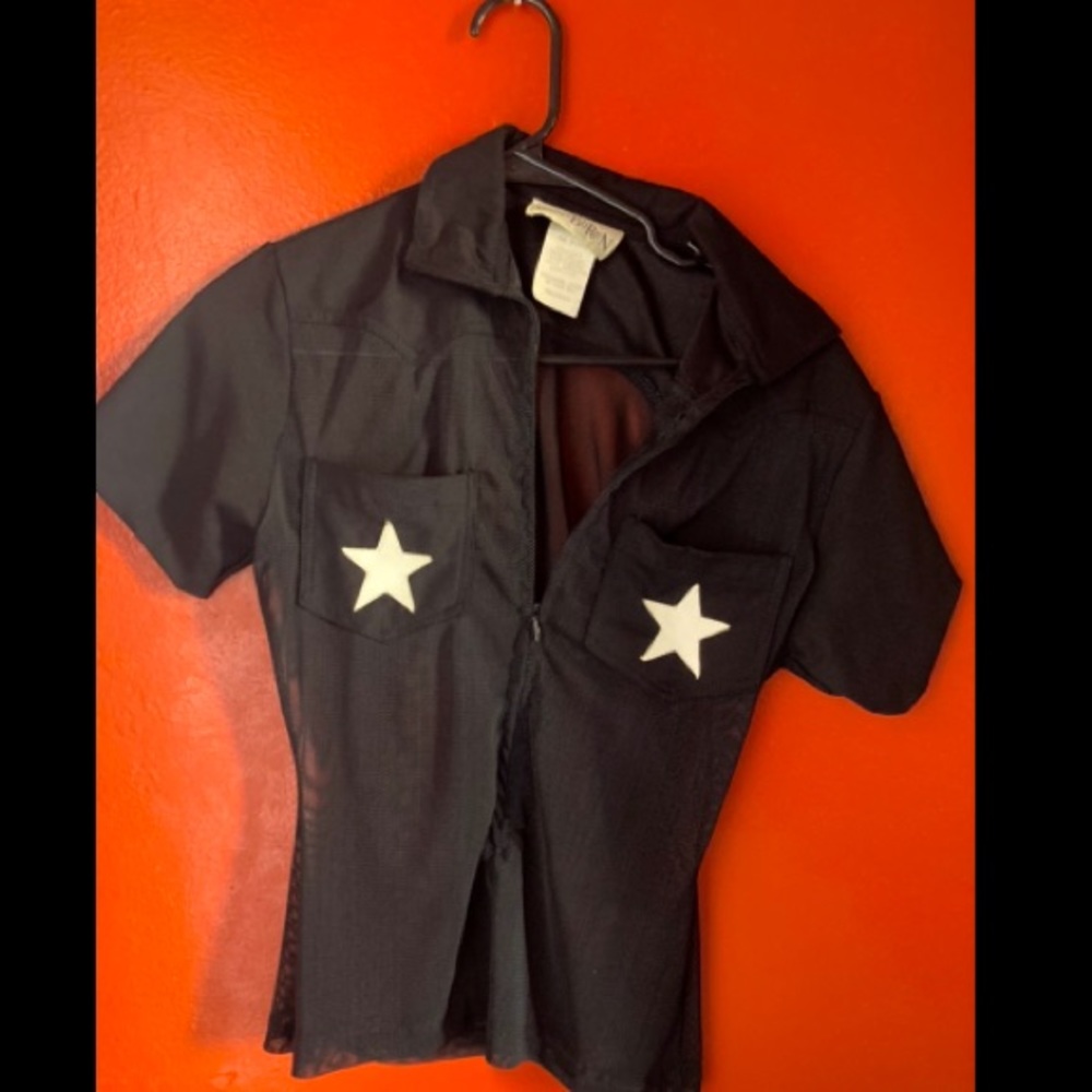 Rocker Vintage Mesh Star Short Sleeve Collared Top
